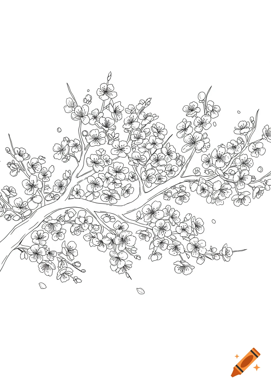 Black and white line art drawing of cherry blossoms on a branch.