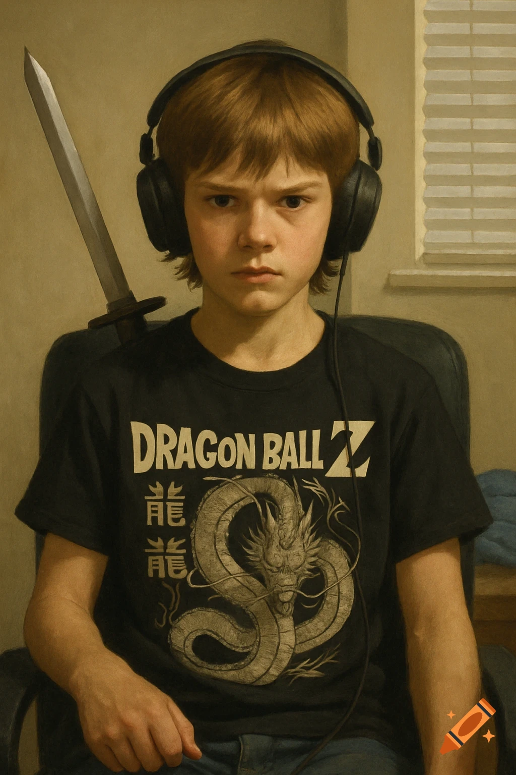 A serious young boy wearing headphones and a 'Dragon Ball Z' t-shirt with a sword behind his shoulder, in a realistic portrait.