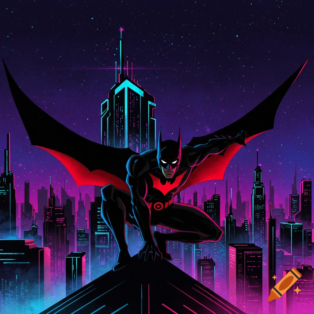 Batman Beyond crouches on a futuristic city rooftop at night, glowing with neon pink and blue lights, in an 80s anime style.