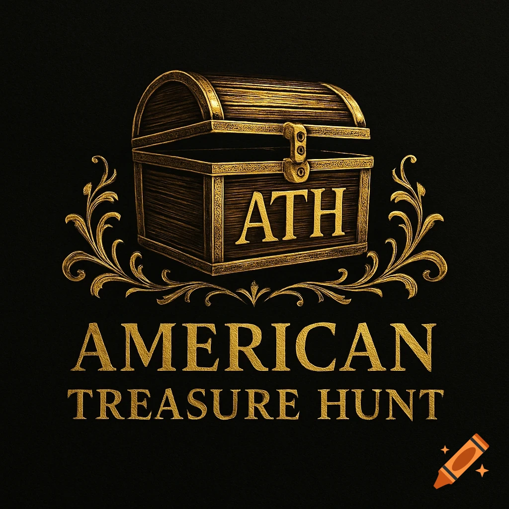 Golden treasure chest logo with 'ATH' and 'AMERICAN TREASURE HUNT' text on a black background.