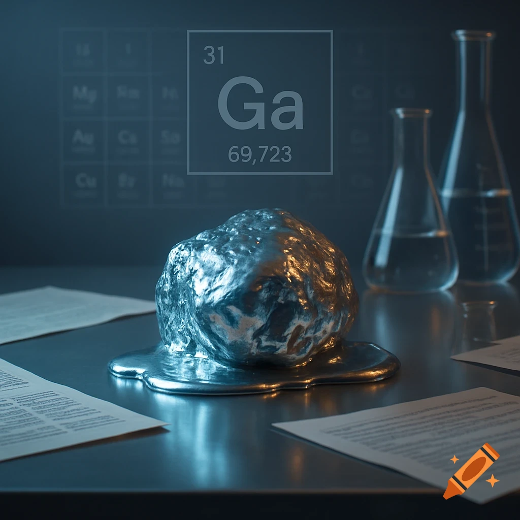 Photorealistic image of a melting lump of gallium metal on a lab table with beakers and a periodic table overlay.