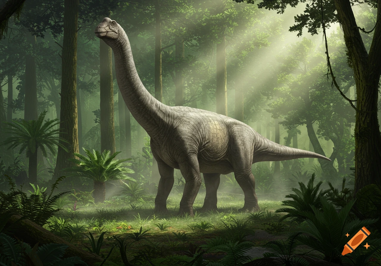 A photorealistic Dreadnoughtus dinosaur stands in a lush, misty prehistoric jungle with sunlight filtering through tall trees.