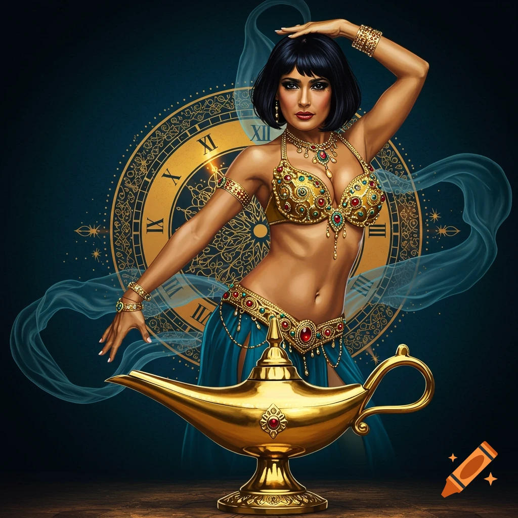 A beautiful genie in a gold belly dance outfit, standing behind a large golden lamp, with a decorative clock in the background.