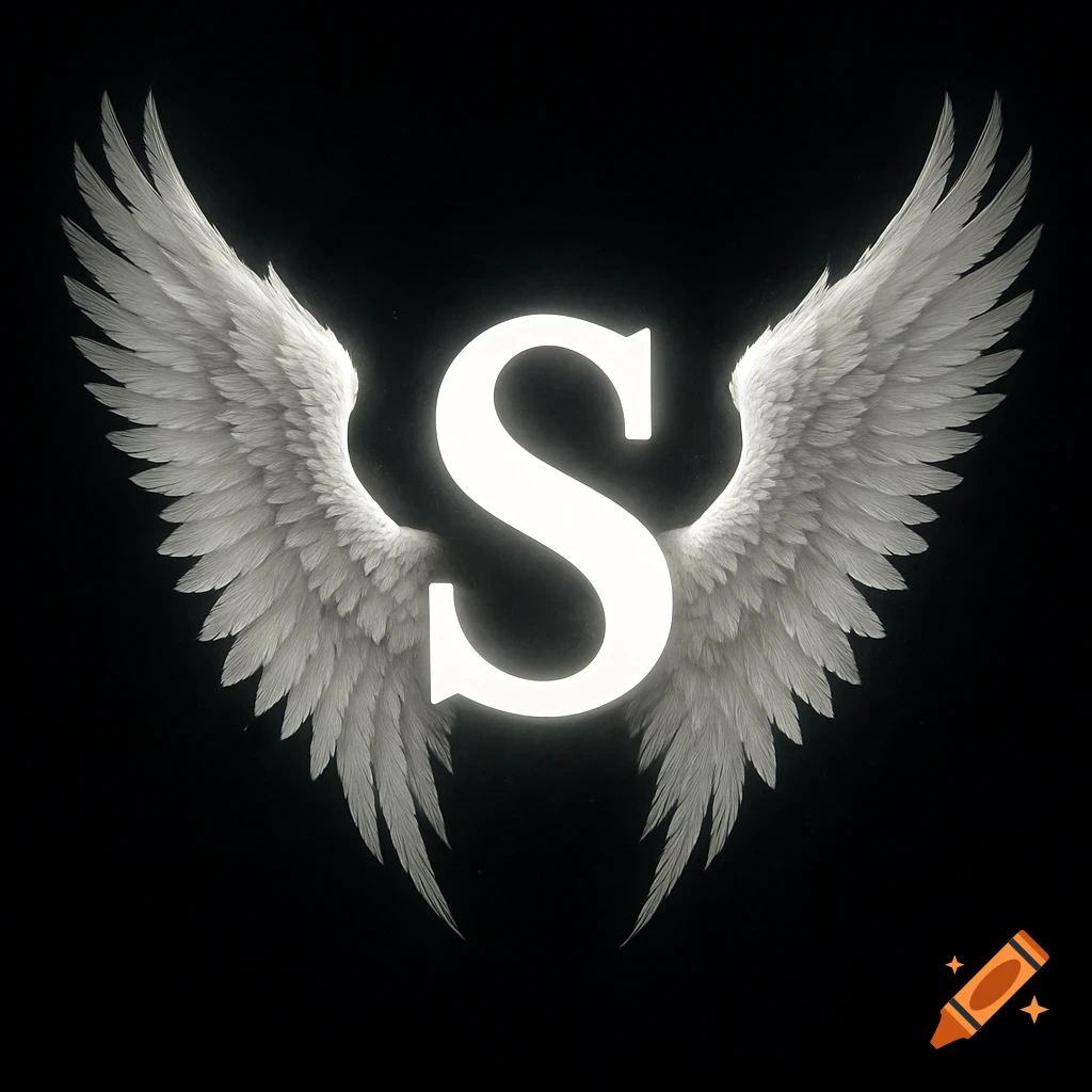 Glowing white letter 'S' with large feathery angel wings on a black background, majestic and realistic style.