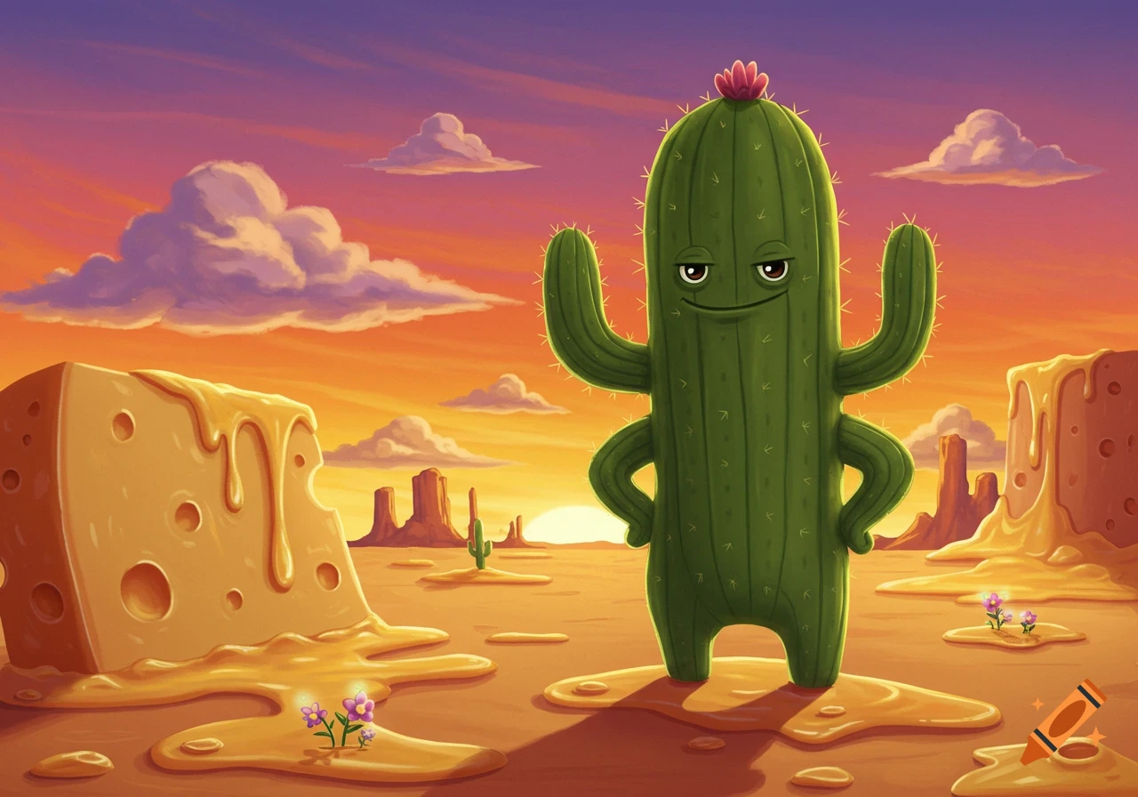 A cartoon cactus with an attitude stands in a vibrant desert landscape with melting cheese cliffs under a colorful sunset.