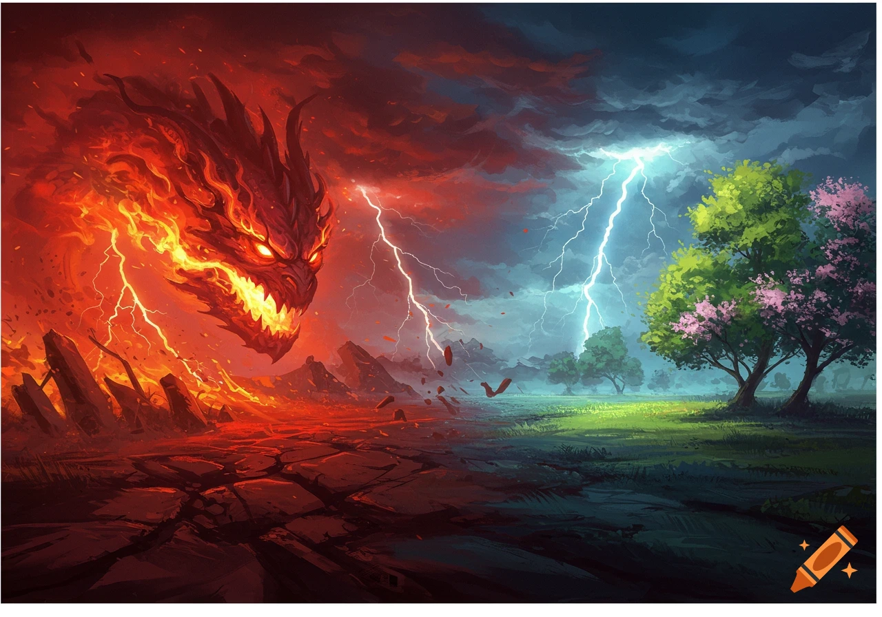Fiery dragon over a cracked, lightning-stormy red landscape, contrasting with a lush green field and trees under blue stormy skies.