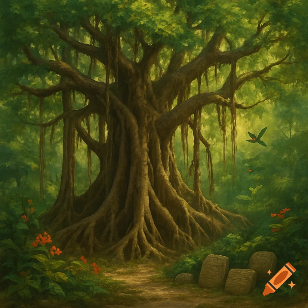 A vibrant painting of a huge banyan tree with sprawling roots and hanging vines in a dense green jungle, with birds and red flowers.