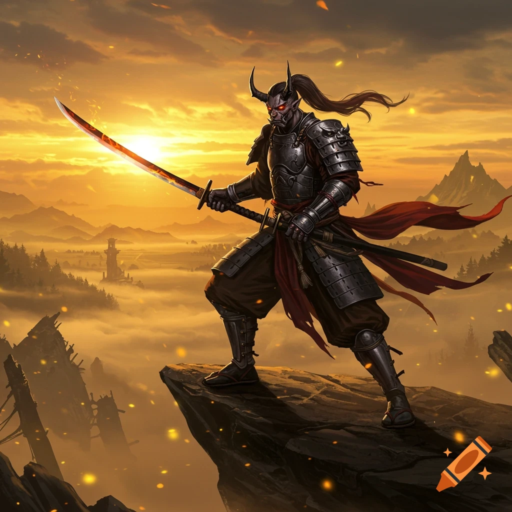 A horned demon slayer in samurai armor stands on a mountain peak with a glowing sword at sunset, epic fantasy art.