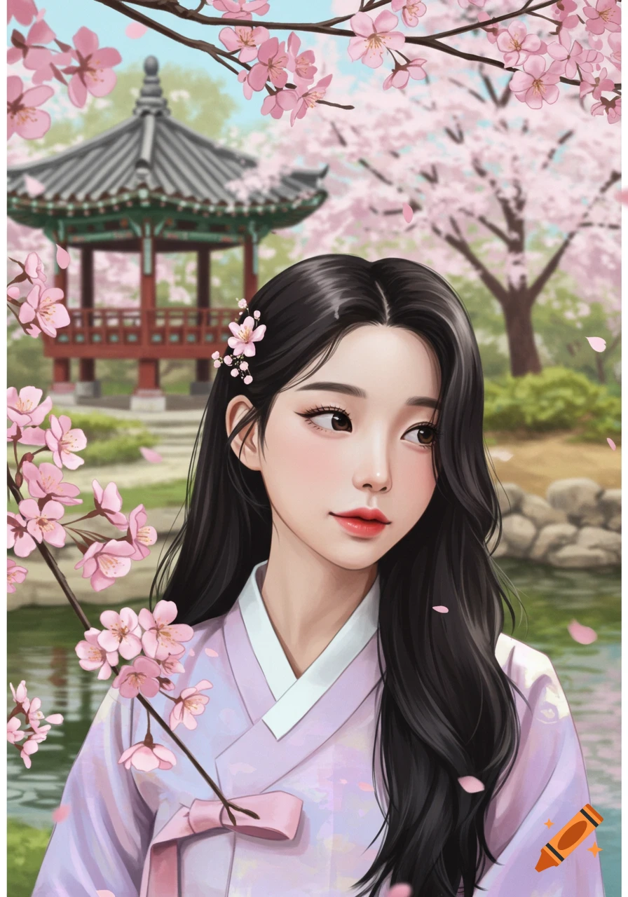 Stylized illustration of a Korean girl in a pink hanbok with cherry blossoms, standing in a garden with a traditional pavilion.