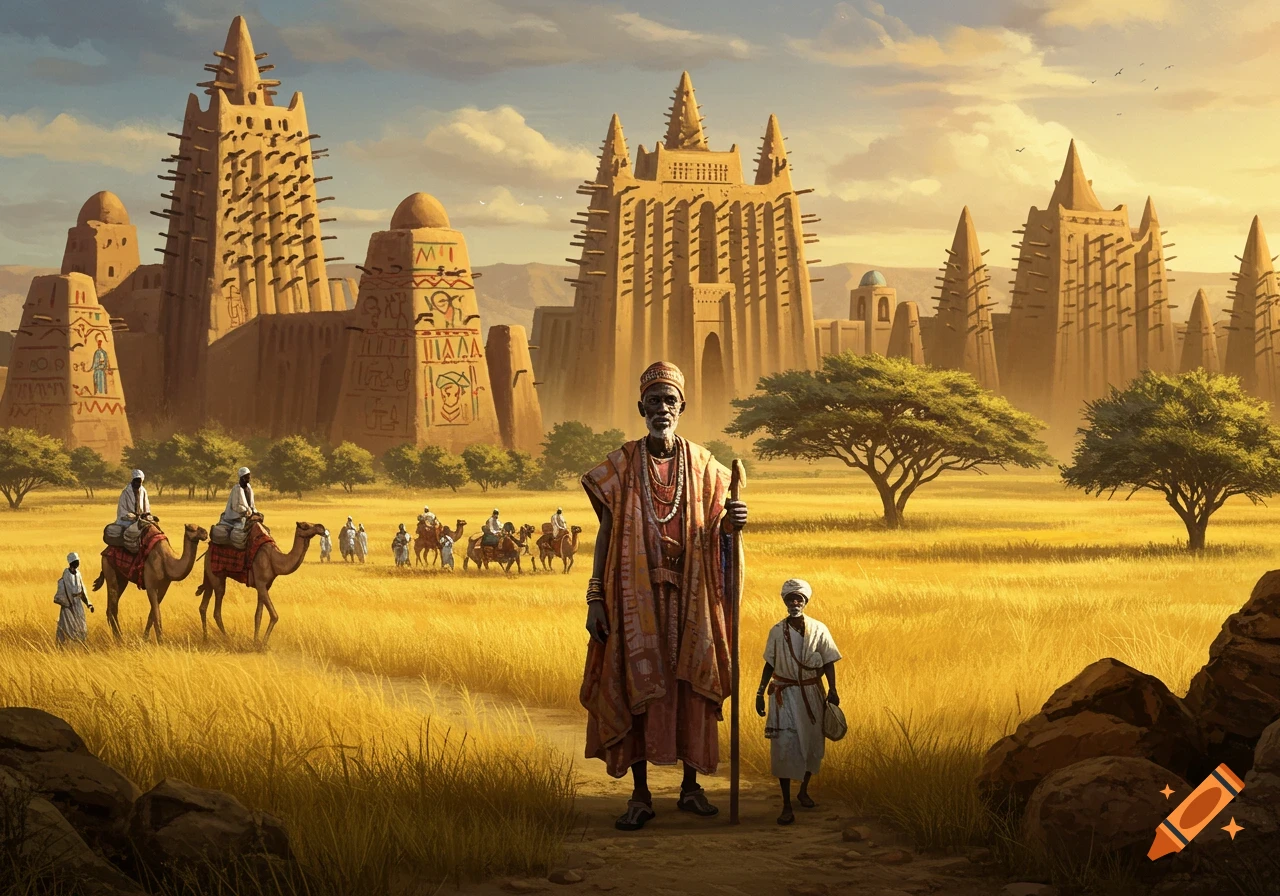 A photorealistic scene of people and camels in a golden field before mud-brick mosques and structures under a warm sky, evocative of West African empires.