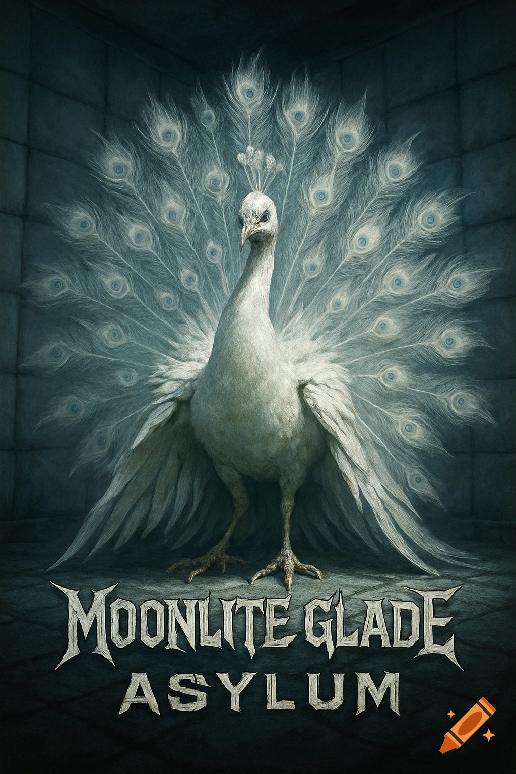 A majestic white peacock with fanned tail stands in a dark, padded room, with 'MOONLITE GLADE ASYLUM' text below. Dark fantasy art.