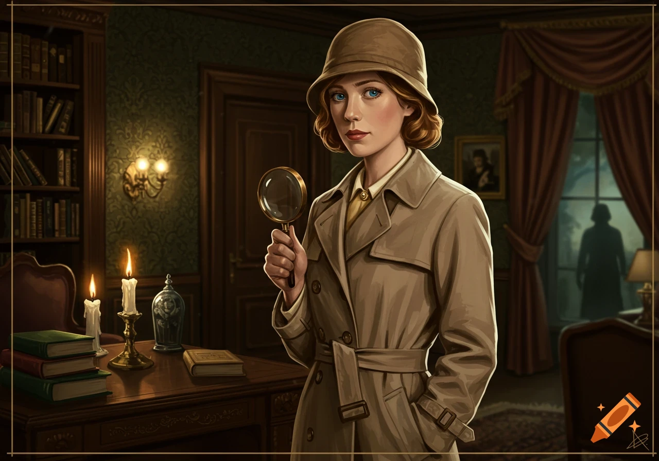 An illustrated portrait of a female detective in a trench coat and cloche hat, holding a magnifying glass in a dimly lit study.