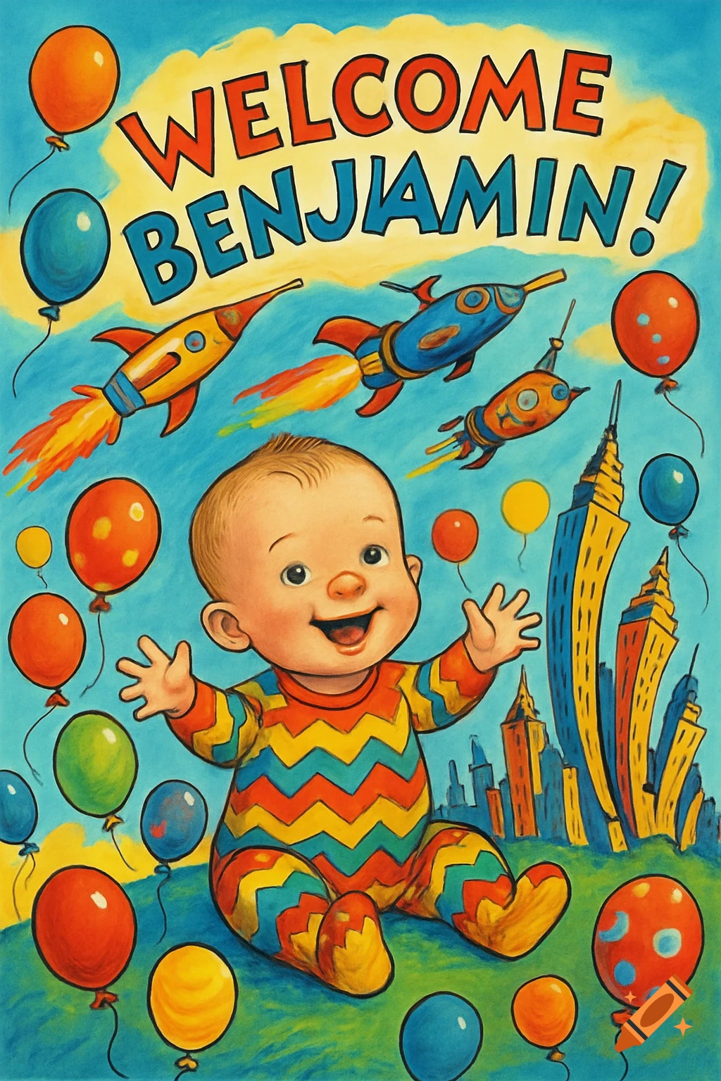 Cheerful baby in a colorful illustration, surrounded by balloons, rockets, and a city skyline, with 'Welcome Benjamin!' text.
