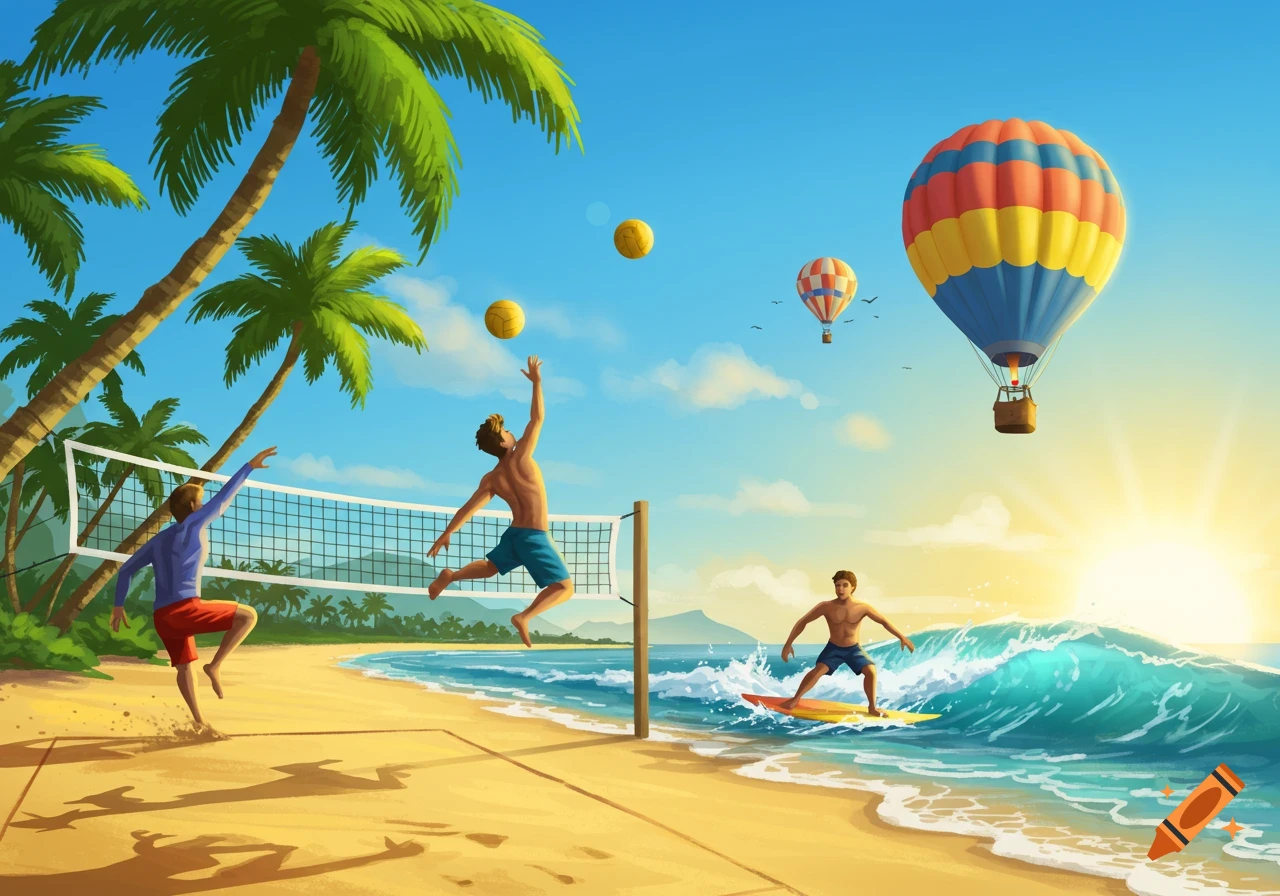 Colorful illustration of people playing beach volleyball and surfing on a sunny beach with palm trees and hot air balloons.