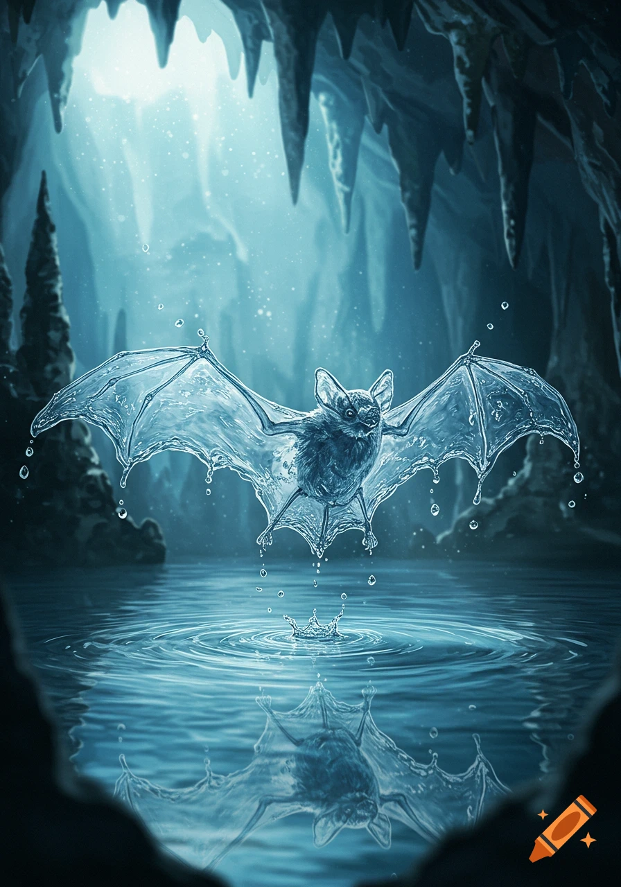 A stylized bat with transparent, rippling water for wings and body flies over a reflective pool inside a glowing blue cave with stalactites.