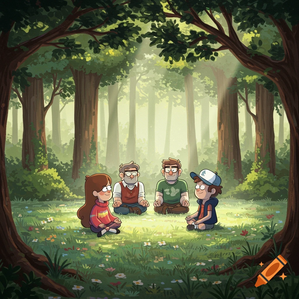 Stanley, Stanford, Mabel, and Dipper from Gravity Falls meditating in a sun-dappled cartoon forest clearing.