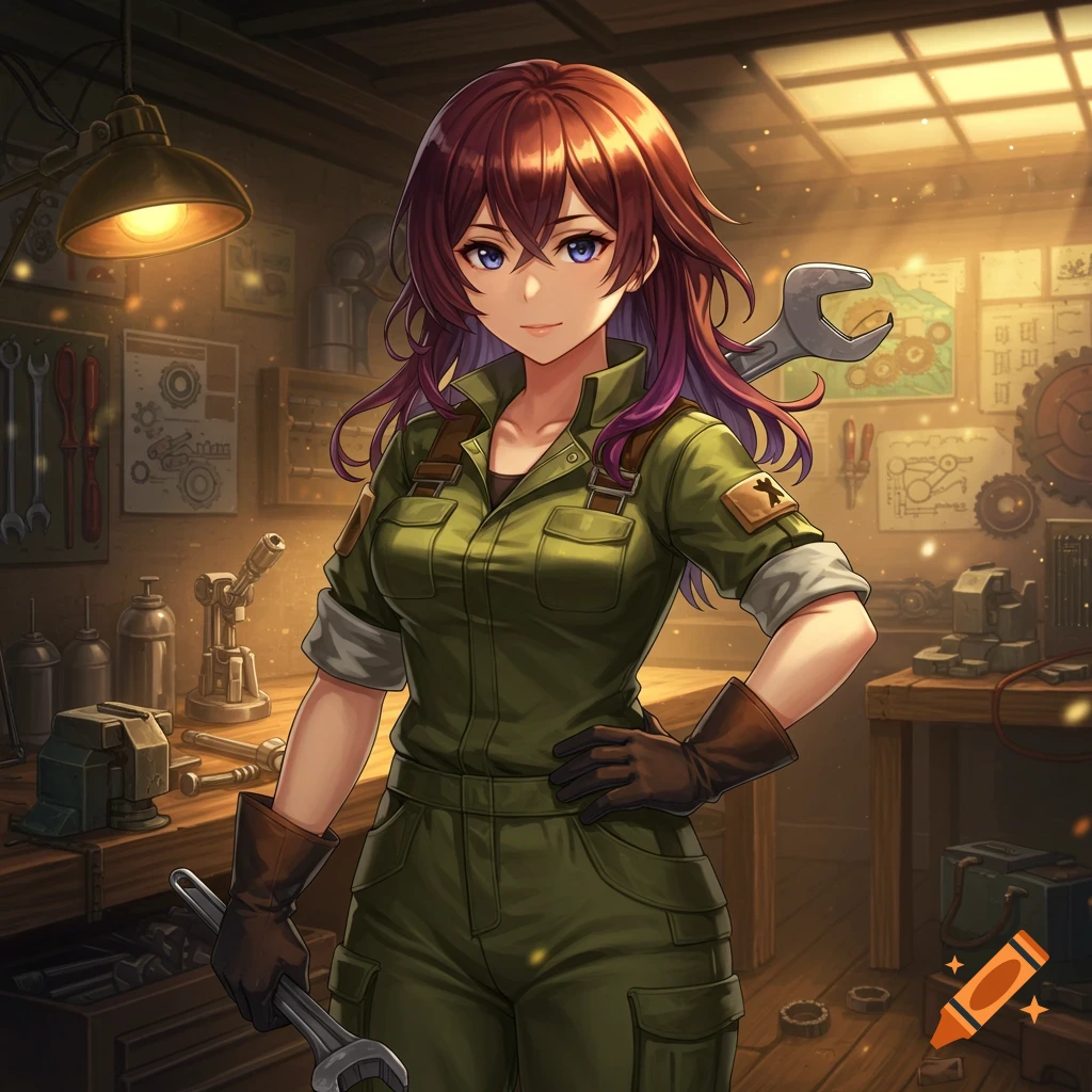 Anime-style mechanic girl with brown and purple hair and blue eyes, wearing green overalls and gloves, holding a wrench in a cluttered workshop.