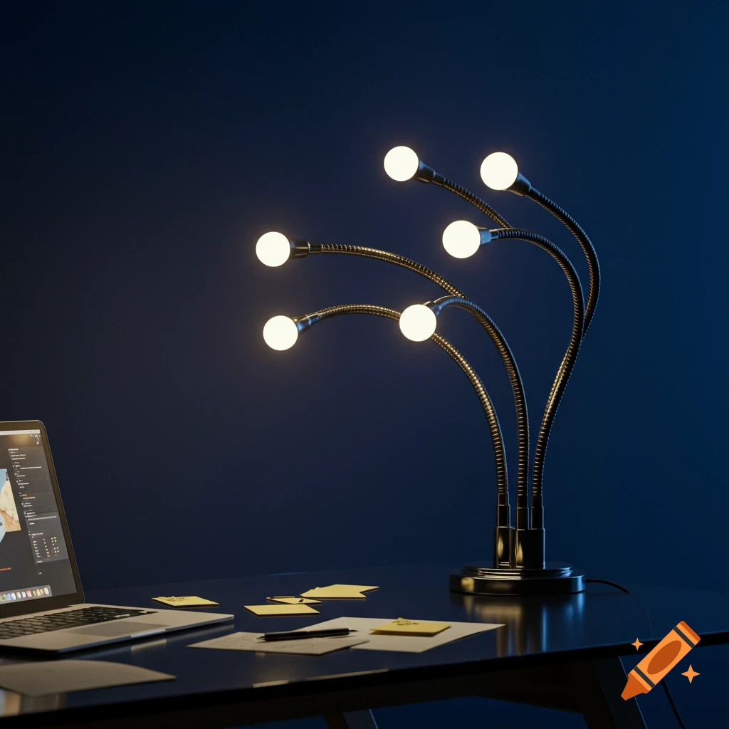 A dark blue desk features a silver multi-headed hydra desk light, a laptop with a screen, and scattered papers and sticky notes.
