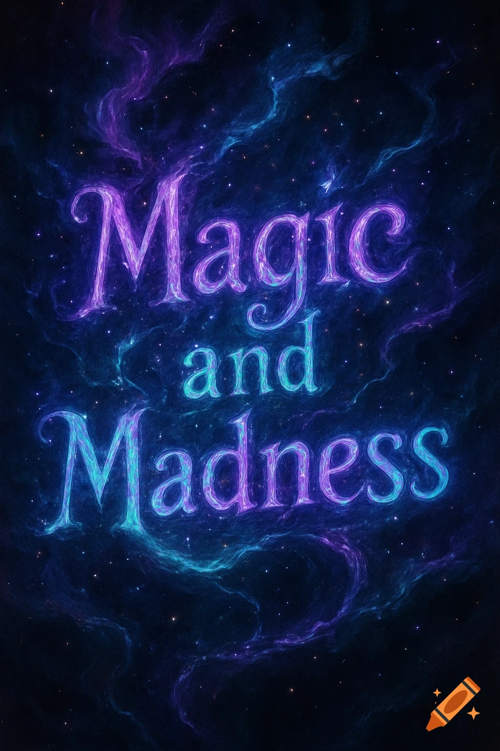 Glowing purple and blue text 'Magic and Madness' against a dark starry galaxy background with nebulae.
