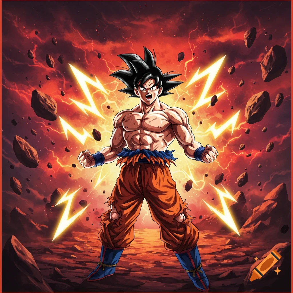 Goku from Dragon Ball powering up fiercely, surrounded by red energy blasts and floating rocks in anime style.