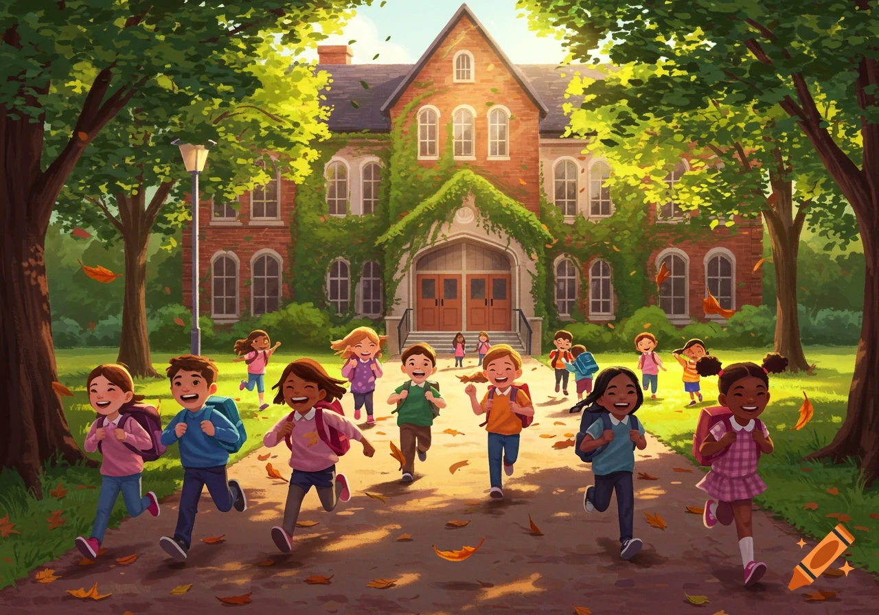 Illustrated scene of diverse children with backpacks happily running towards a red brick school building on an autumn day.