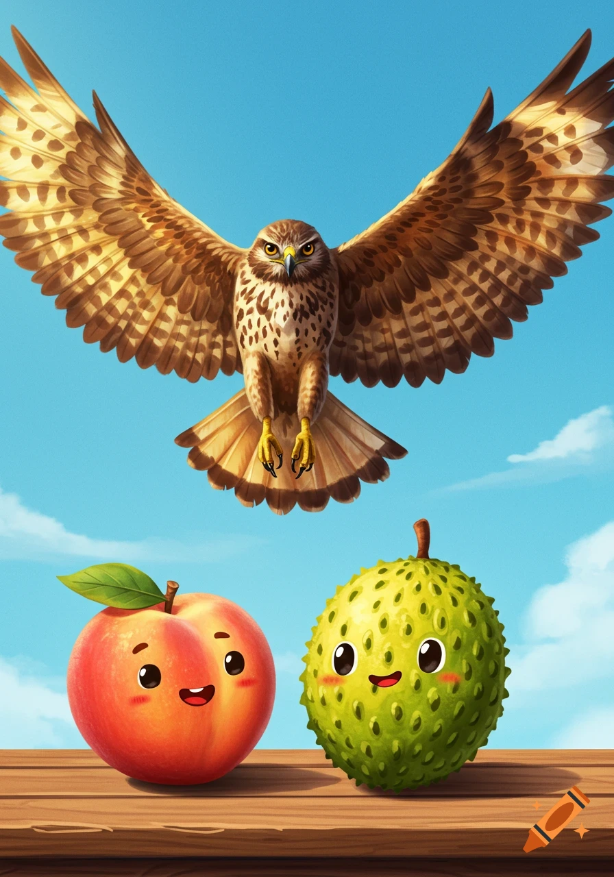 Regal hawk flying above a cute smiling peach and soursop fruit on a wooden surface against a blue sky, in an illustration.