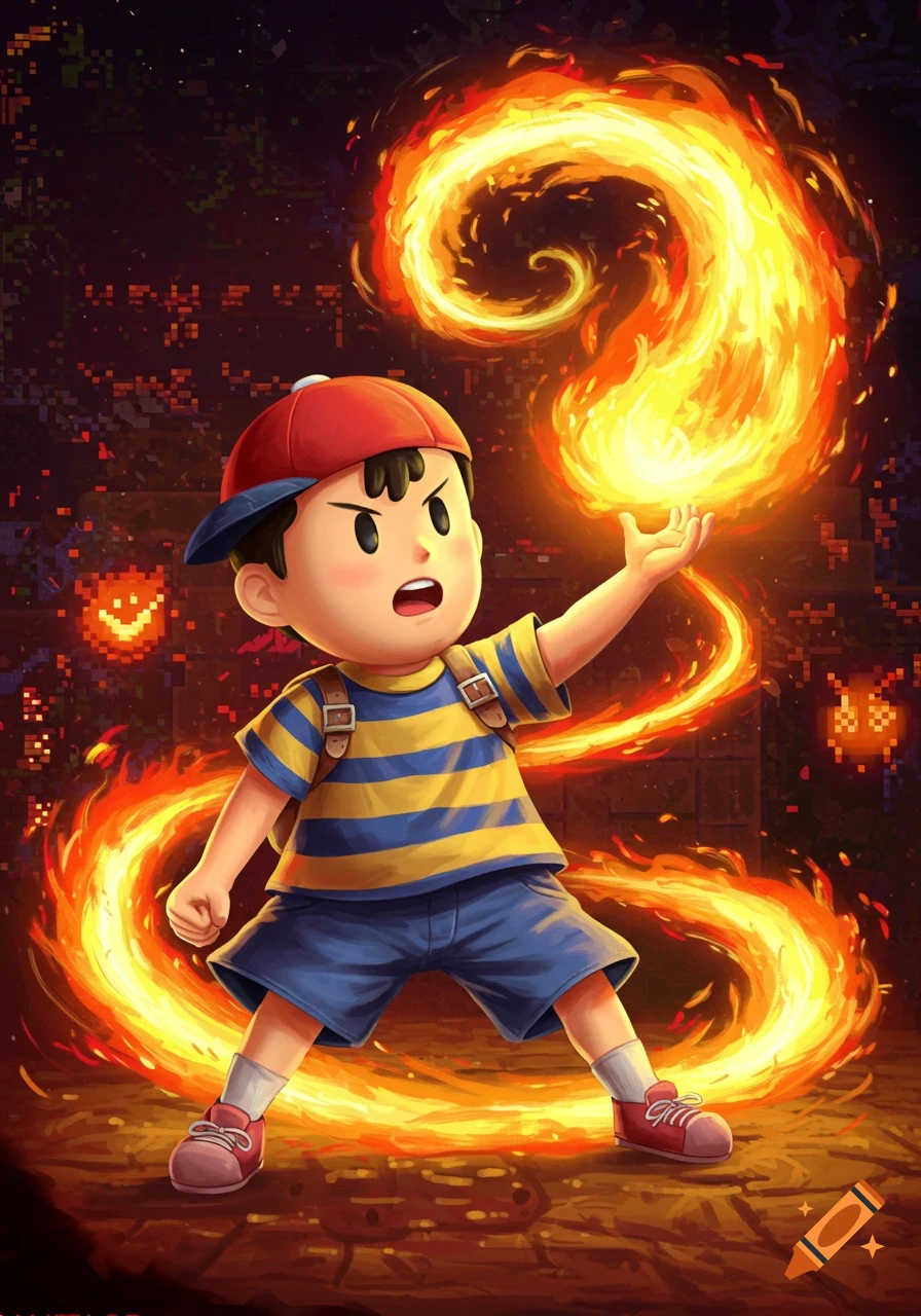 Ness from Earthbound, a cartoon boy in a red hat and striped shirt, casts a vibrant fire spell amidst swirling flames.