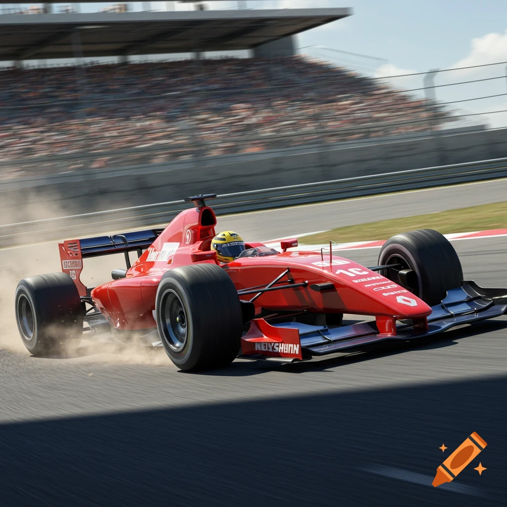 A vibrant red Formula 1 racing car speeds around a track, leaving a trail of dust, with a stadium full of spectators in the background.
