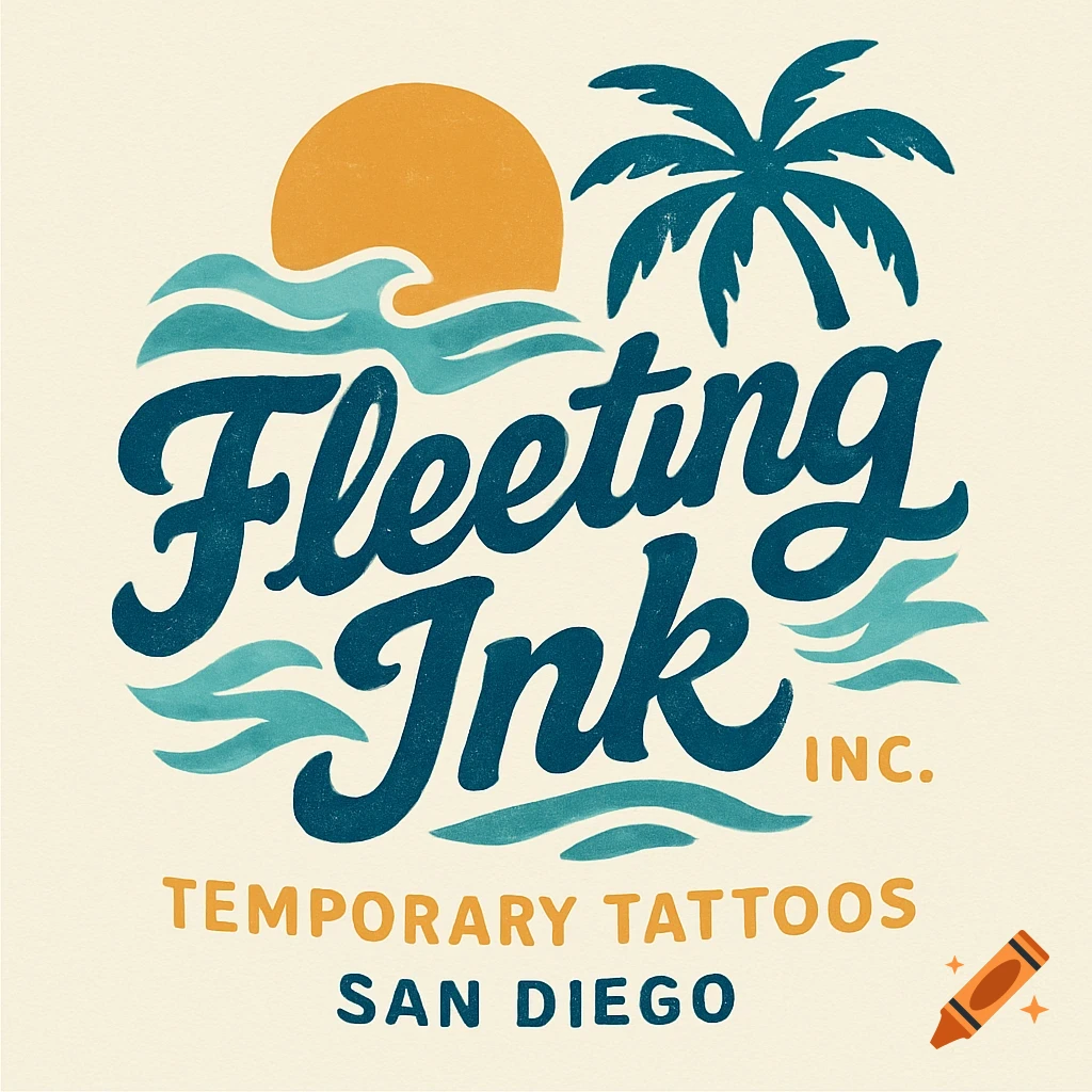 A vintage-style logo for 'Fleeting Ink Inc.' temporary tattoos in San Diego, featuring a golden sun, blue waves, and a dark blue palm tree.