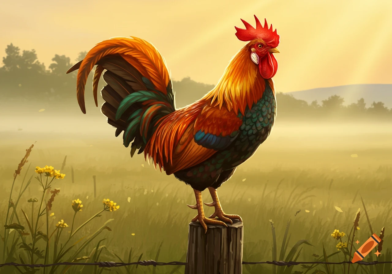 A colorful rooster with red, orange, and green feathers stands on a wooden post in a misty field at sunrise.