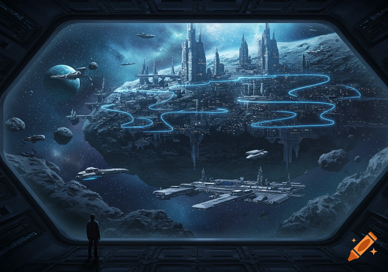 A person views a vast futuristic city carved into an asteroid, surrounded by spaceships and planets, from a hexagonal window.