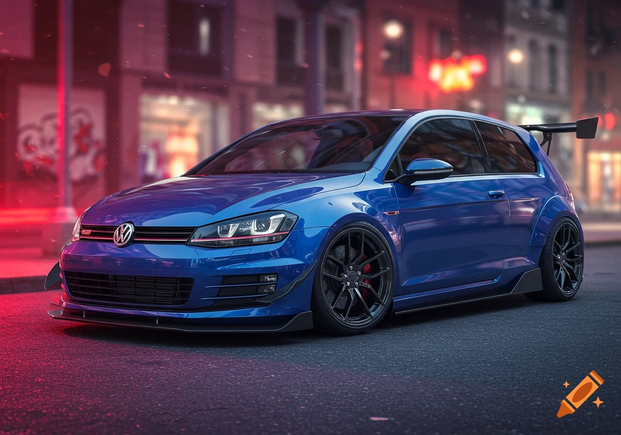 A blue custom modified Volkswagen Golf MK7 GTI with a spoiler, front splitter, and side skirts on a wet city street at night.