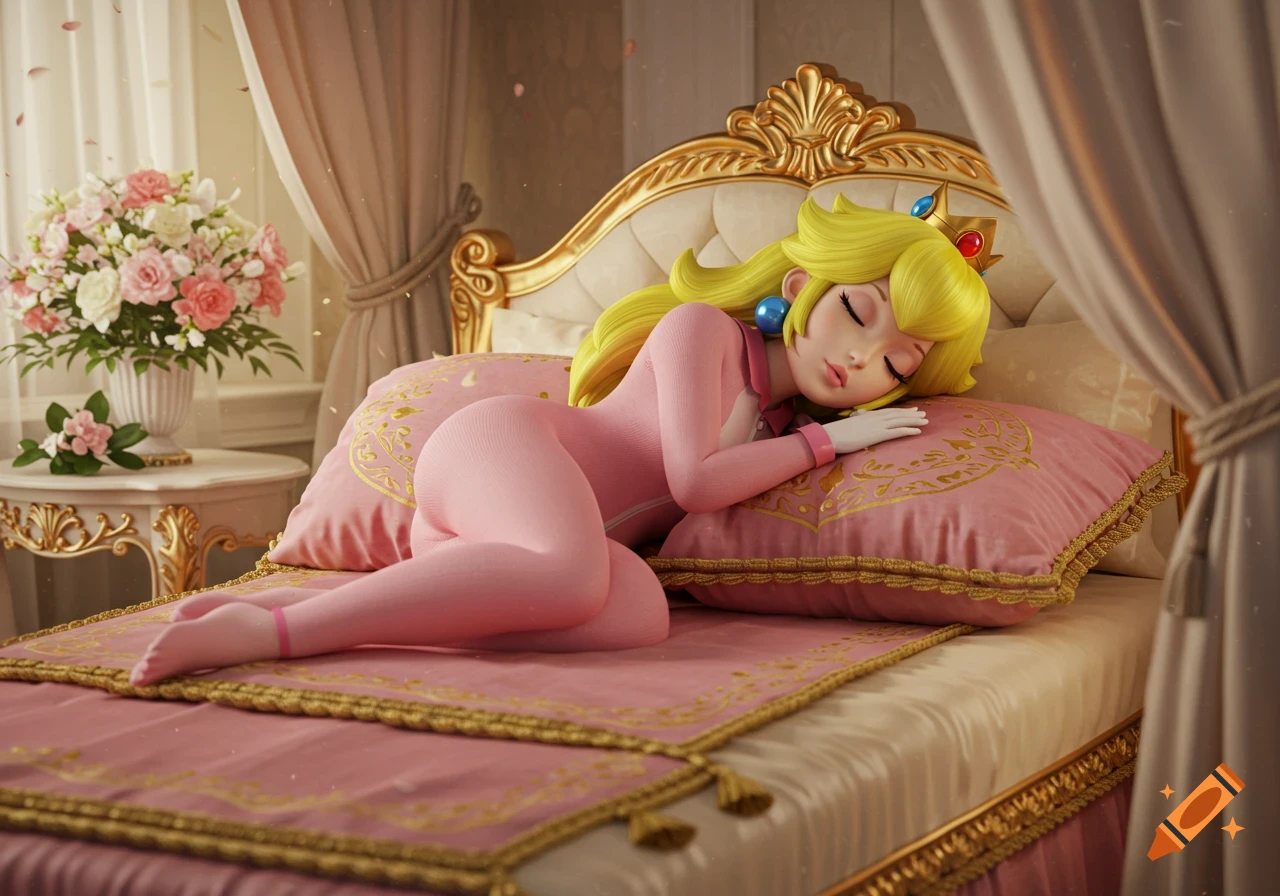 3D render of Princess Peach sleeping peacefully in a pink onesie on a lavish bed.