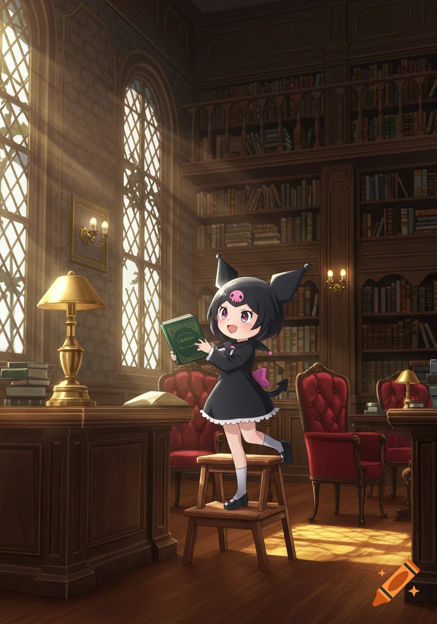 Anime style Kuromi stands on a step stool in an ornate Victorian library, holding a green book as sunlight streams through large windows.
