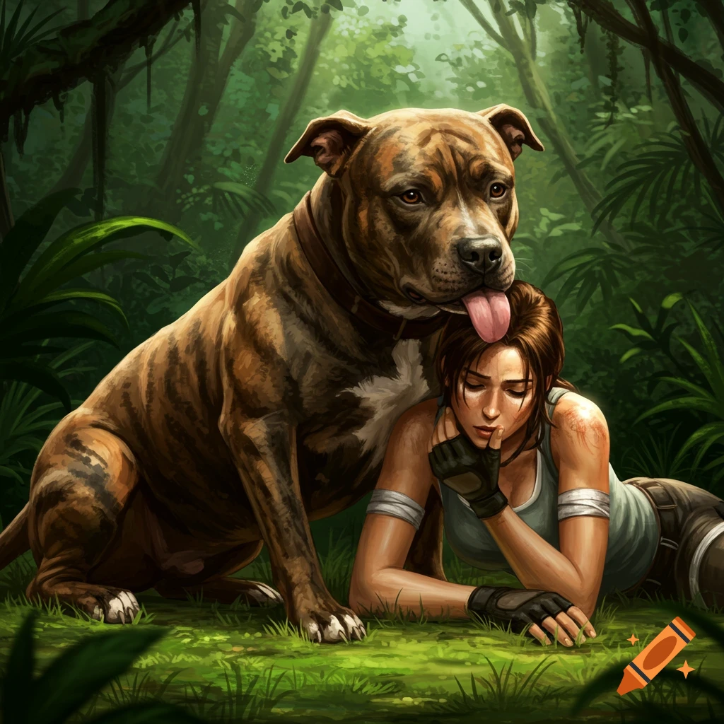 Digital art of a large brindle Pitbull licking Lara Croft's face as she rests in a lush jungle.