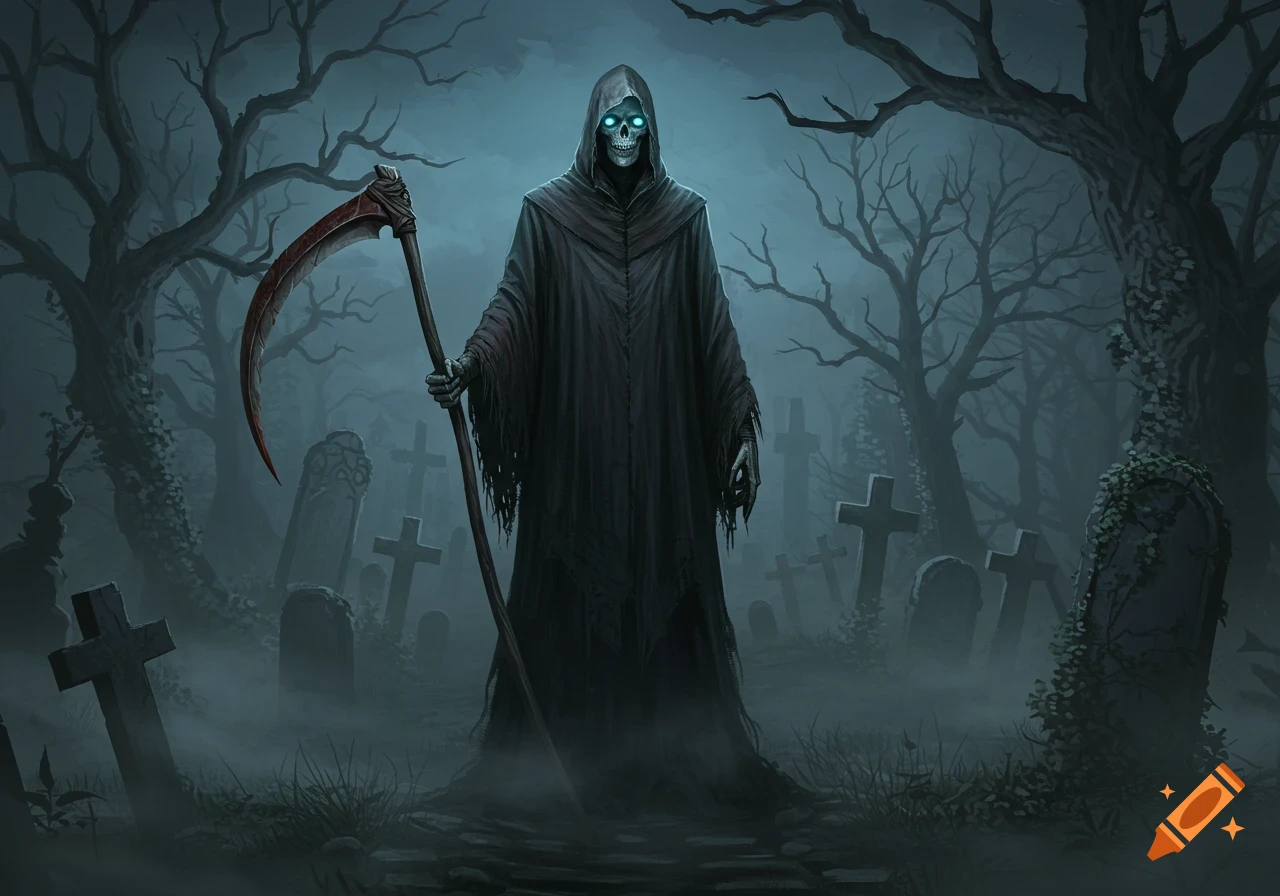 A dark fantasy illustration of the Grim Reaper, or Ankou, standing in a foggy graveyard, holding a scythe.