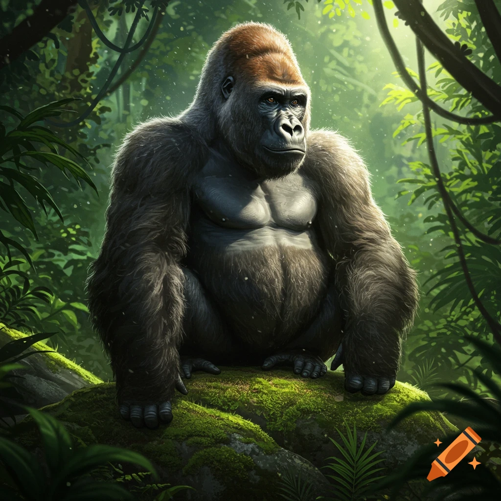 A large, muscular gorilla with a brown Jheri curl hairstyle sits on a mossy log in a lush, sun-dappled jungle.