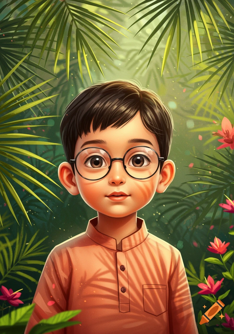 An illustration of a young boy with dark hair and round glasses, wearing an orange shirt, standing amidst lush green leaves and pink flowers.