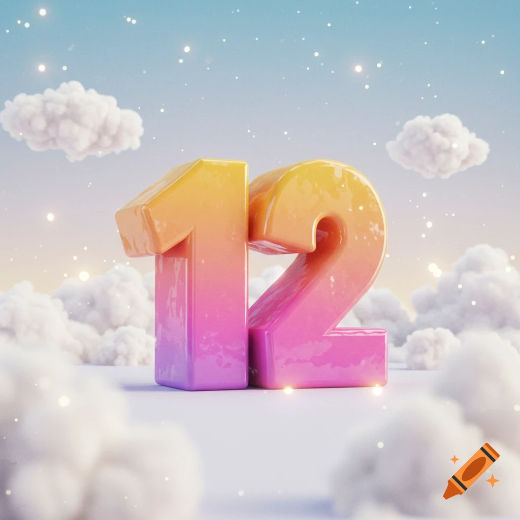 A large, glossy 3D number 12 with an orange to pink gradient, set against a dreamy blue sky with soft white clouds and sparkling lights.