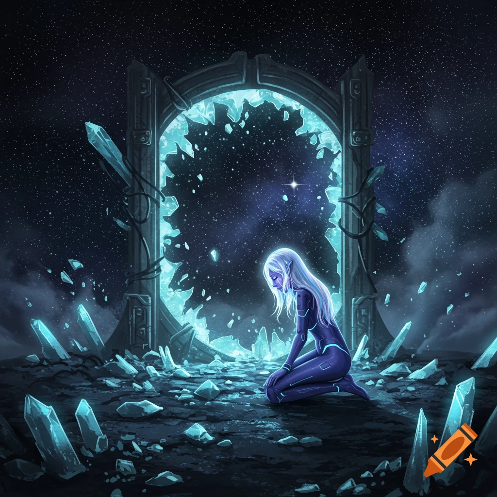 A sad space girl with white hair kneels before a shattered, glowing blue portal amidst scattered crystals under a starry night sky.