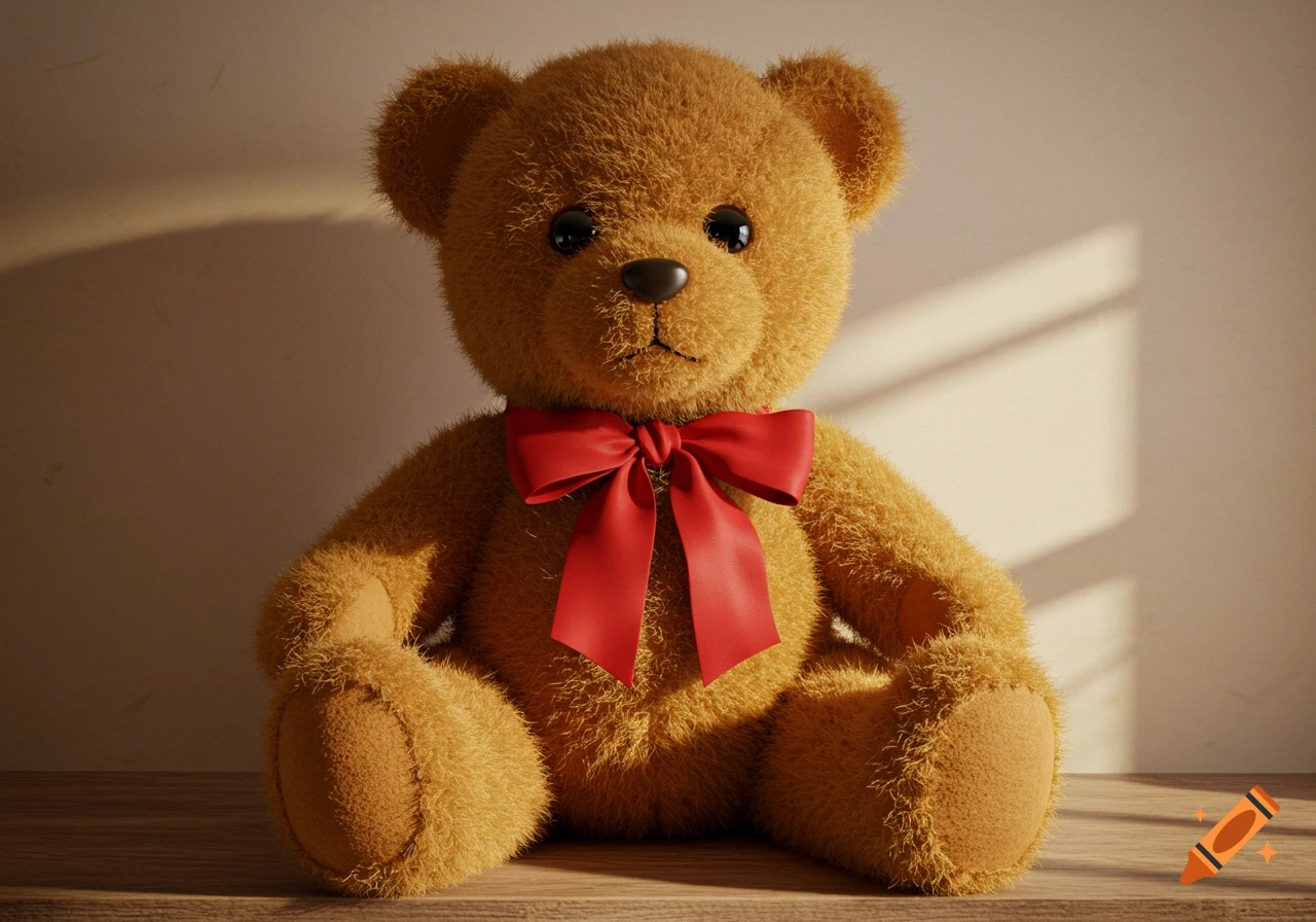 A realistic, fluffy brown teddy bear with a red bow sits on a wooden surface in warm light.