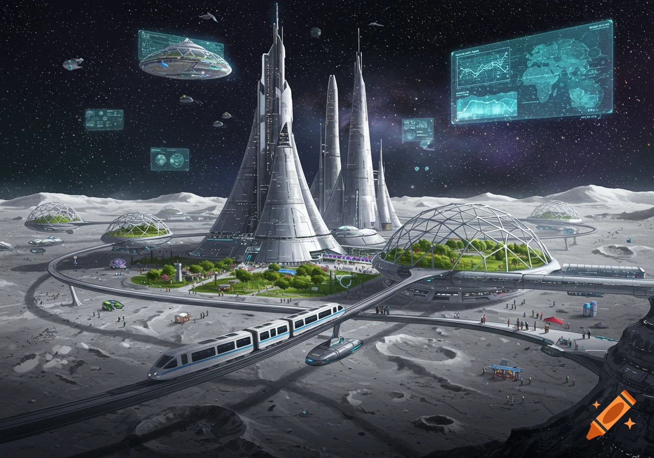 A futuristic human colony on the moon, featuring towering conical buildings, geodesic domes with lush green spaces, and a monorail system, under a star-filled sky.