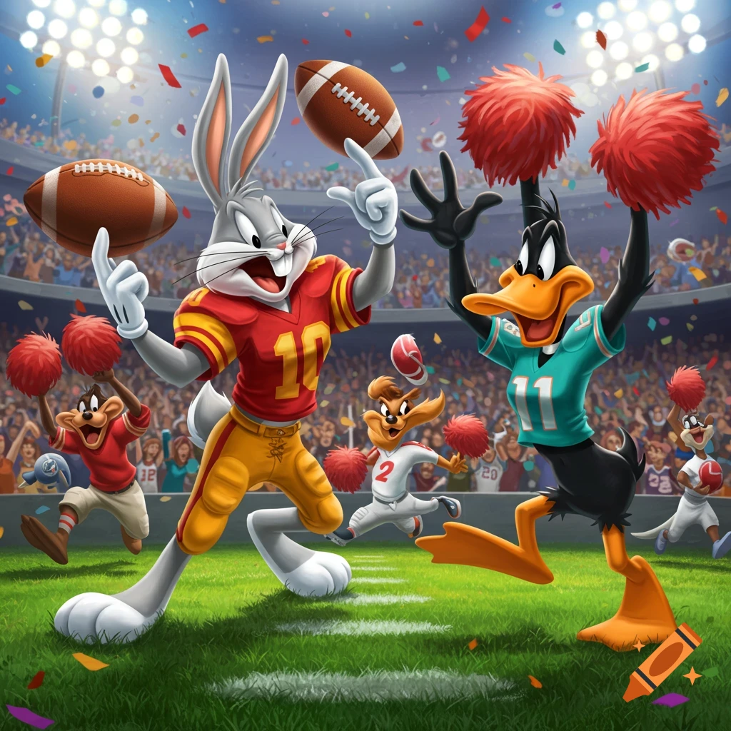 Bugs Bunny and Daffy Duck in football jerseys on a stadium field, surrounded by cheering Looney Tunes characters.