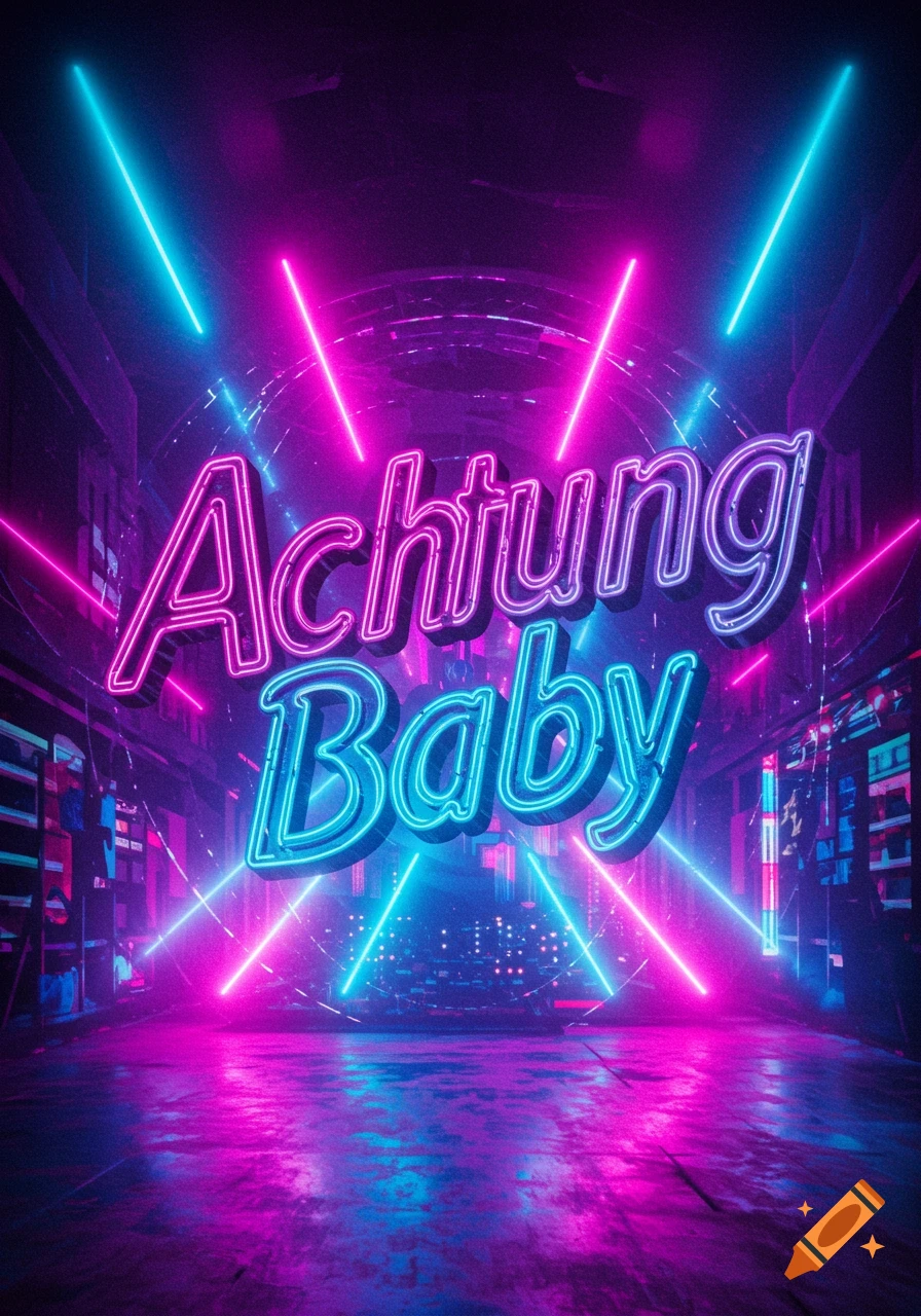 A vibrant image of "Achtung Baby" in pink and blue neon letters, set in a dark, futuristic cityscape with glowing reflections.
