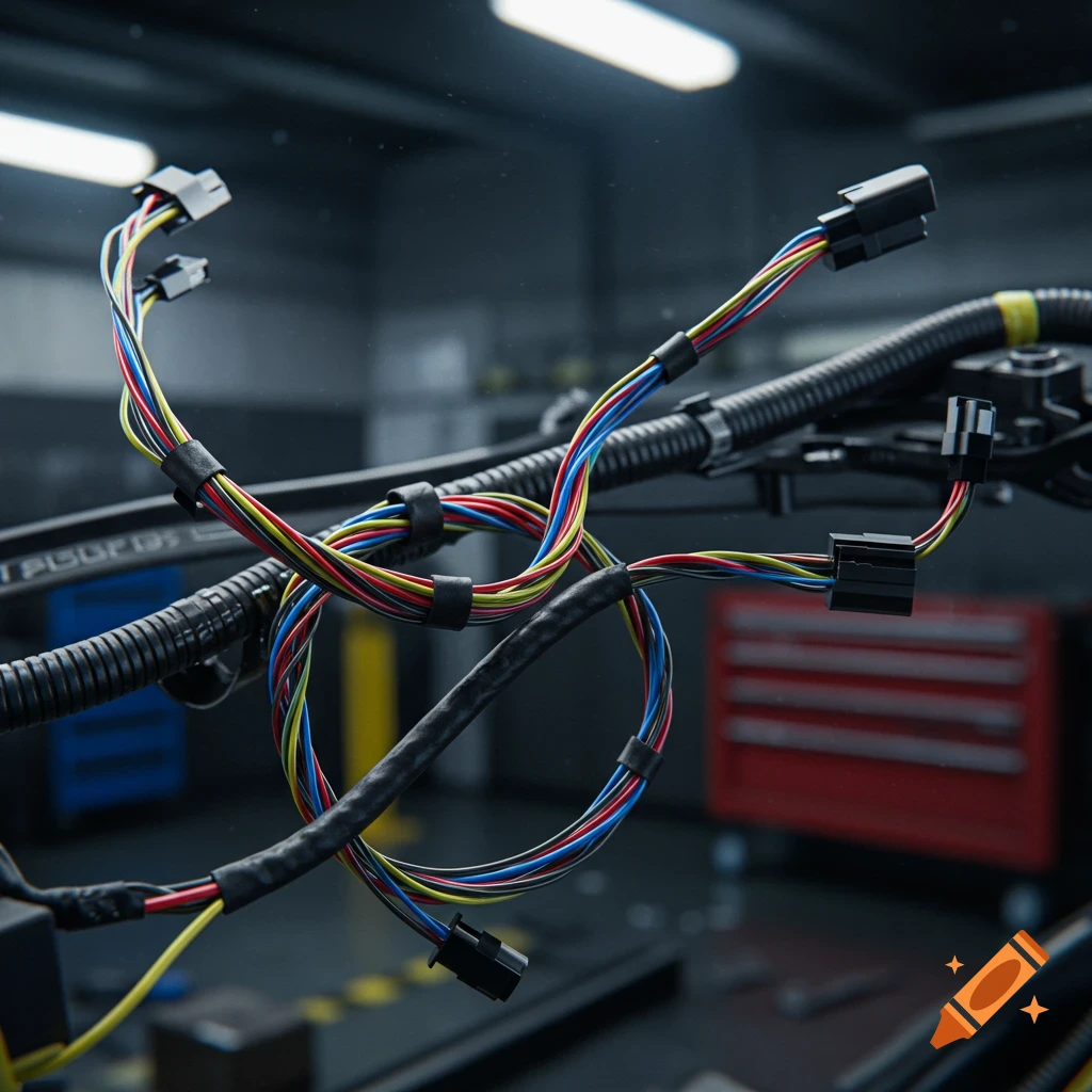 A photorealistic close-up of a colorful car wire harness with black connectors, against a blurred workshop background.