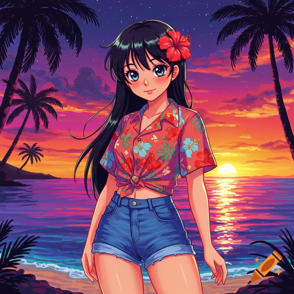 An 80s anime-style girl with dark hair, a red flower, a patterned crop top, and denim shorts stands on a Hawaiian beach at sunset with palm trees.