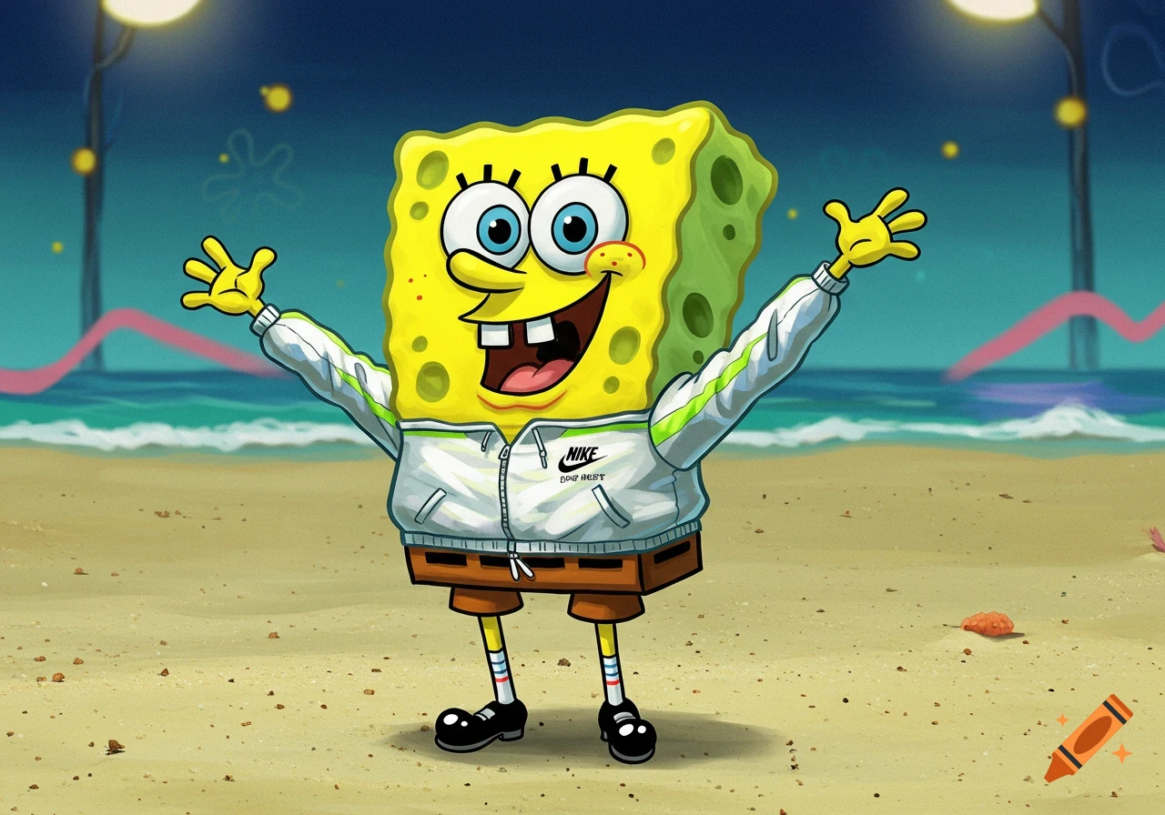 Spongebob Squarepants on a beach at night, wearing a white Nike tracksuit with "DOG BEST" text, with arms raised in excitement.