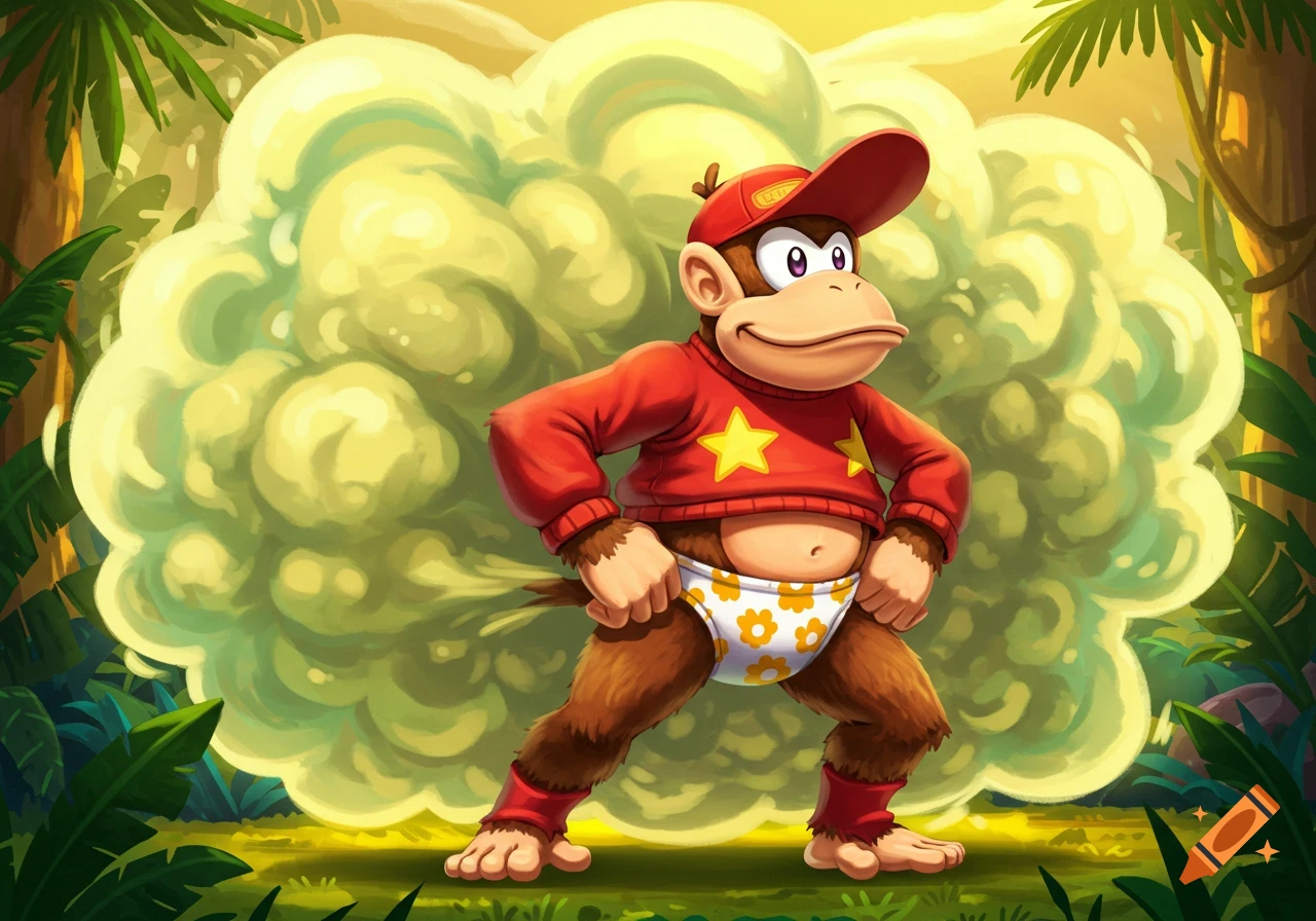 Cartoon Diddy Kong with hands on hips, farting yellowish-green fumes, wearing a red sweater with yellow stars, white briefs with yellow flowers, and red socks in a jungle scene.