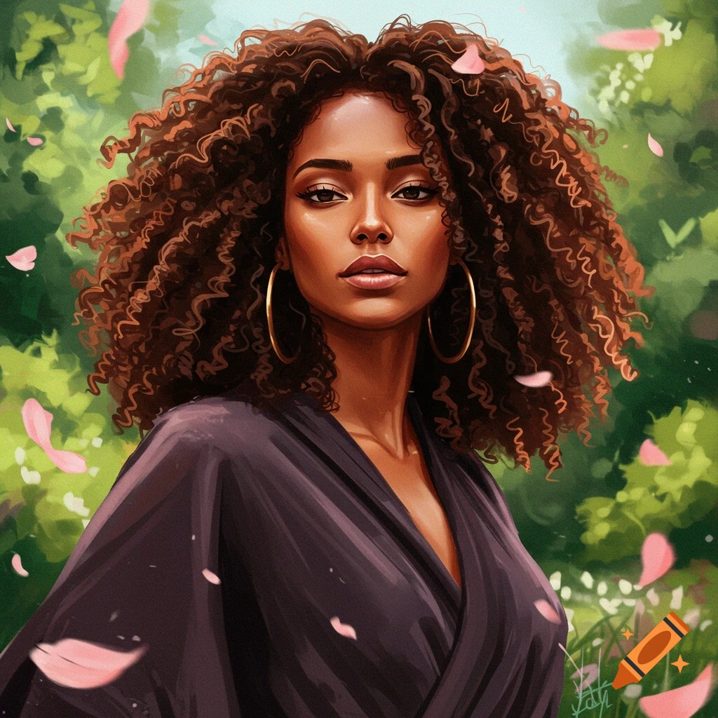 A digital painting of a beautiful Black woman with curly brown hair and gold hoop earrings, wearing a dark wrap dress, in a green setting with pink petals.