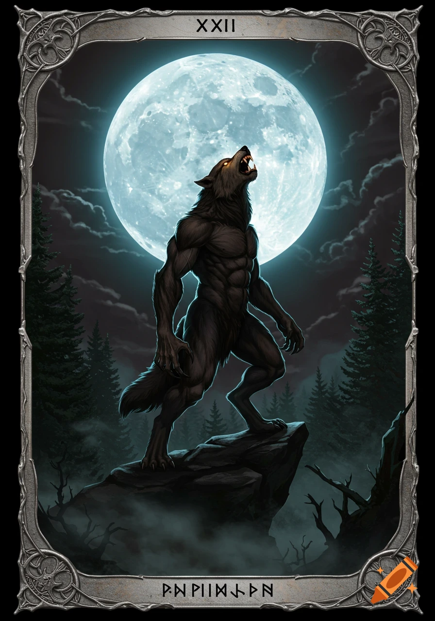 A detailed illustration of a werewolf howling at a glowing full moon from a rocky peak in a dark forest, framed as a tarot card.